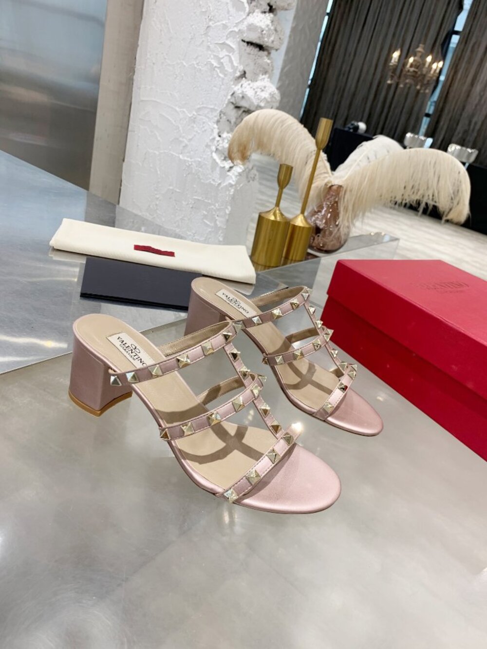 Valentino Rockstud Triple Strap Chunky Block Heel Slide Mules